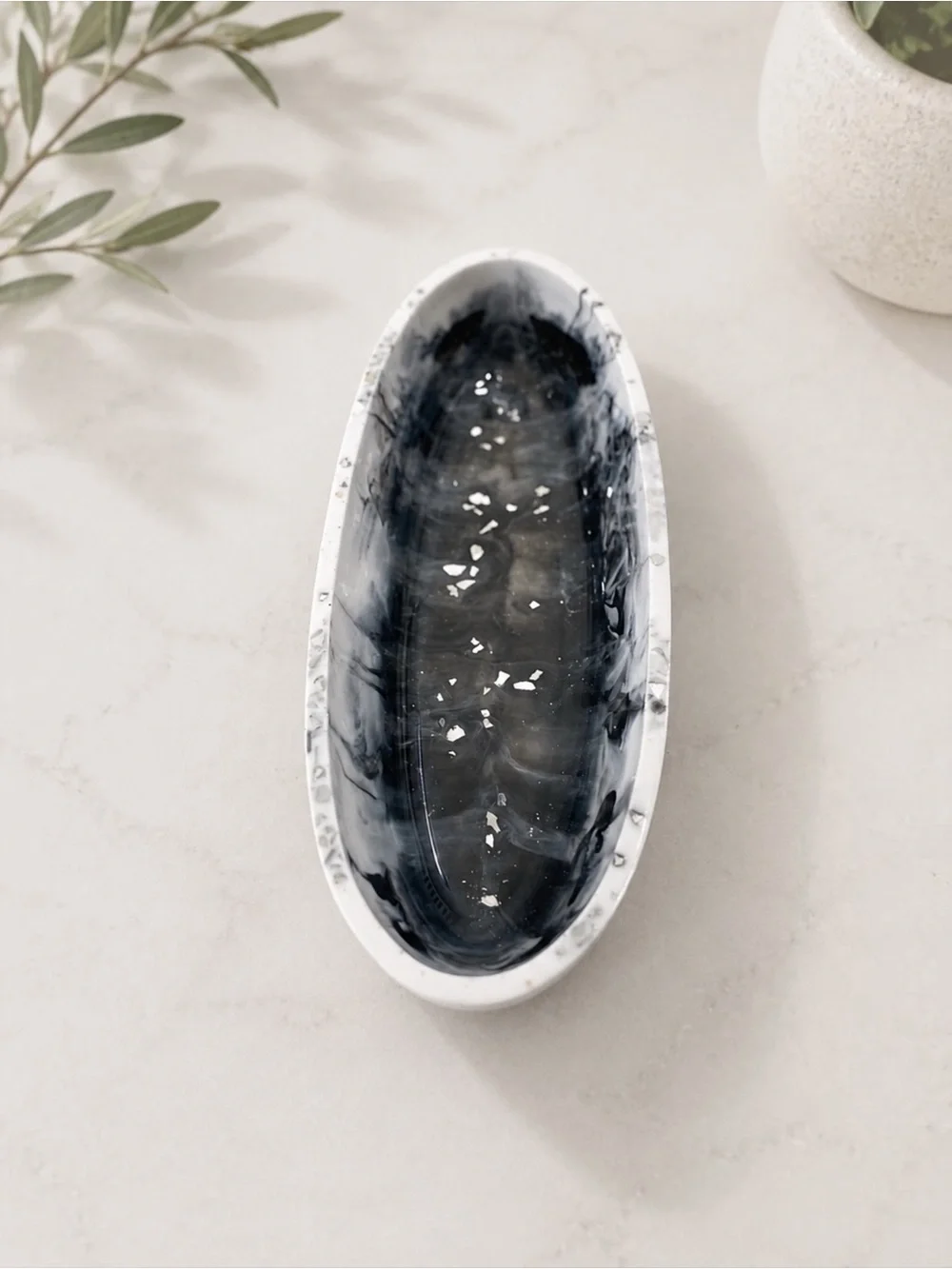 Black Marbled Oval Ceramic Soap Dish - Home Bath Vanity Tray